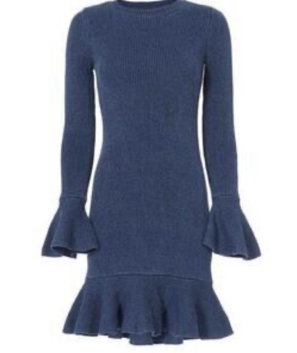 INTERMIX Dresses & Skirts - Intermix Blue Stretch Knit Long Sleeve Ruffle Midi Sweater Dress L A010396
